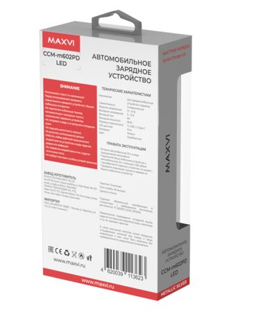 АЗУ блок 6A, 36W 1USB+ 1Type-C Maxvi CCM-M602PD LED metallic silver