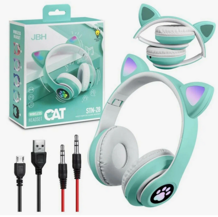 Беспроводные наушники Bluetooth CAT STN-28 со светящимися кошачьими ушками, детские (зеленые)