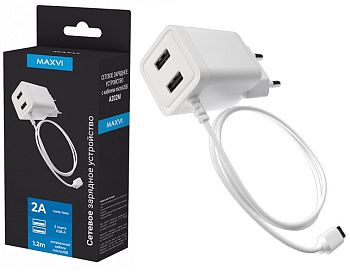 СЗУ micro + 2USB, 2.0A, 1.2м, 10W Maxvi A202M White