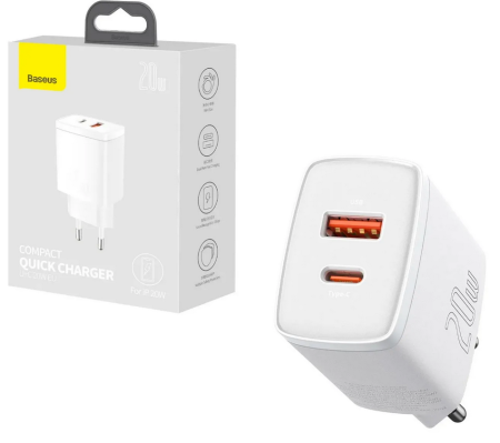 СЗУ блок 3.0A, 20W, 1USB+1Type-C Baseus Compact White
