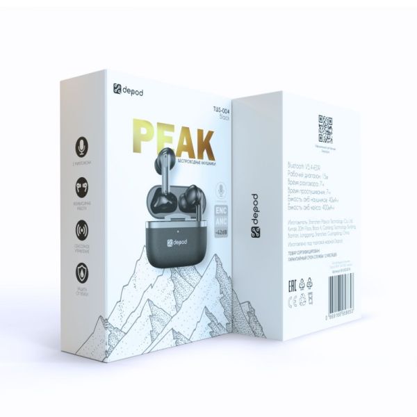 Беспроводные наушники Depod PEAK TWS-004 Bluetooth c шумоподавлением для iPhone и Android Black