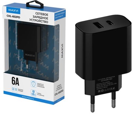 СЗУ блок 30w 1USB + 1Type-C, Maxvi CHL-602PD Black