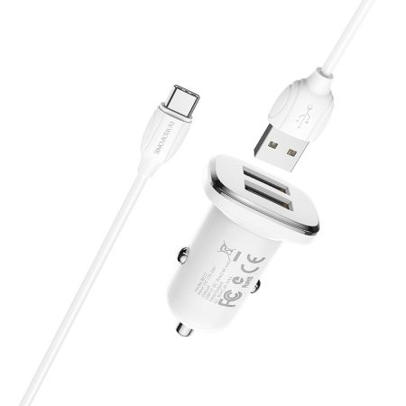 АЗУ Type-C, 2.4A 2USB, BOROFONE BZ12 White