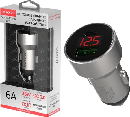 АЗУ блок 6A, 36W 1USB+ 1Type-C Maxvi CCM-M602PD LED metallic silver