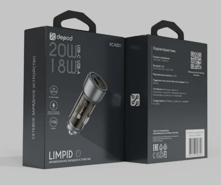 Автомобильное зарядное устройство блок Depod DCA-001, 3A, 20W, USB+Type-C Black