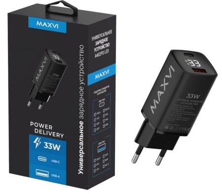 СЗУ блок 33w 1USB + 1Type-C Maxvi A402PD LED Black