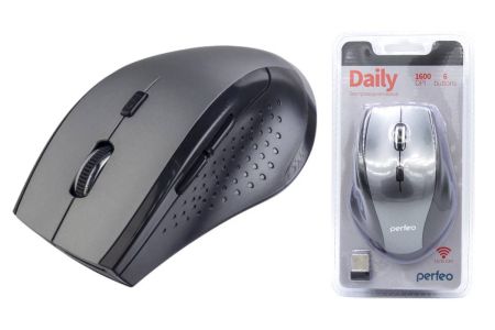 Мышь Perfeo беспроводная оптическая "DAILY", 6 кн, DPI 800-1600, USB, серый металлик