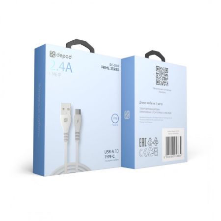 Кабель Depod DC-010 Type-C - USB, 2.4A, 1м, гарантия 1 год White
