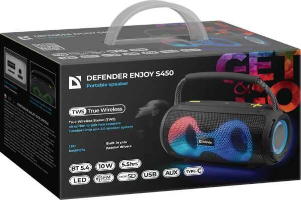 Колонка DEFENDER ENJOY S450 FM, MP3,microSD,USB,AUX мощность 10Вт, Black