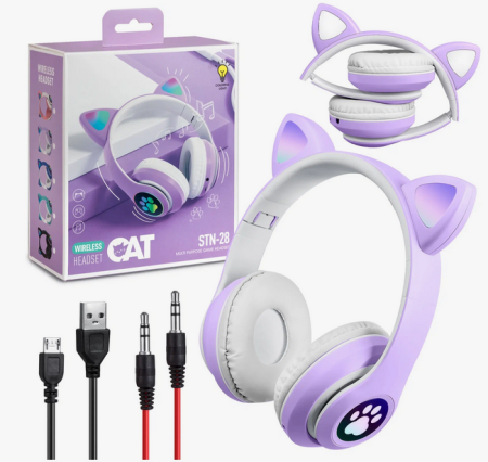 Беспроводные наушники Bluetooth CAT STN-28 со светящимися кошачьими ушками, детские (Фиолетовые)