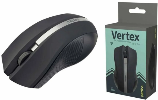 Мышь Perfeo беспроводная оптическая "VERTEX", 3 кн, DPI 1000, USB, чёрн/серебр