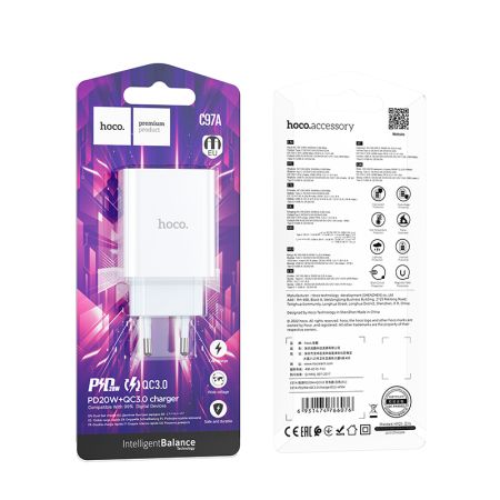 СЗУ блок 3.0A, 20W, 1USB+1Type-C Hoco C97A White
