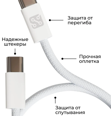 Кабель Depod DC-003 Type-C - Type-C, 60W, 1 метр,  Белый, гарантия 1 год, тканевая оплетка
