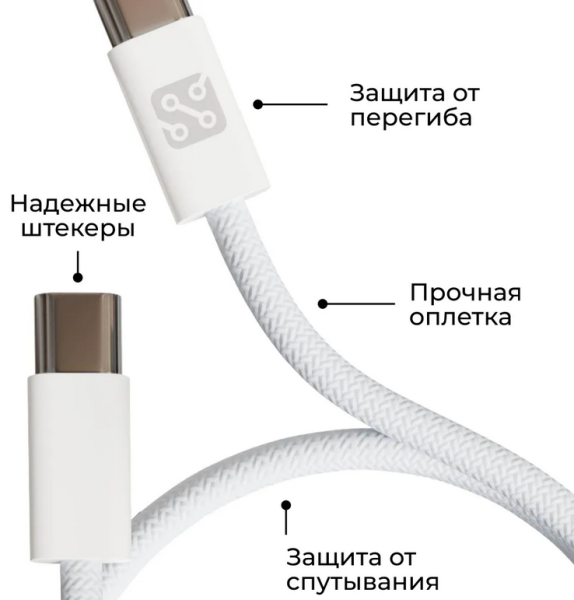 Кабель Depod DC-003 Type-C - Type-C, 60W, 1 метр,  Белый, гарантия 1 год, тканевая оплетка