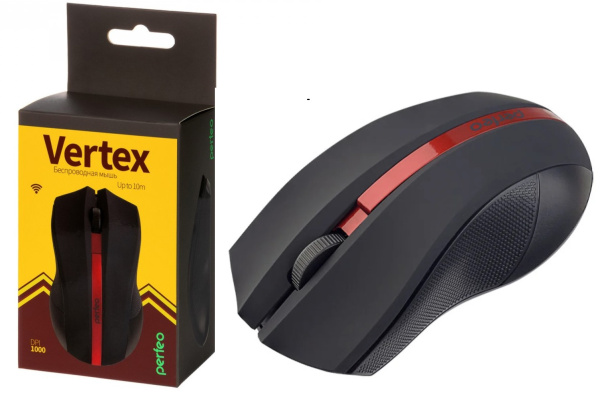 Мышь Perfeo беспроводная оптическая "VERTEX", 3 кн, DPI 1000, USB, чёрн/красн