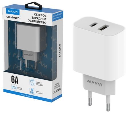 СЗУ блок 30w 1USB + 1Type-C, Maxvi CHL-602PD White
