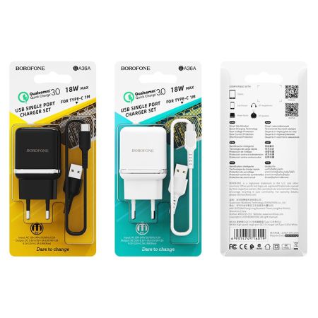 СЗУ Type-c 3.0A QC3.0 1USB Borofone BA36A 1m Black