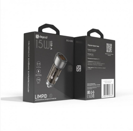 Автомобильное зарядное устройство, блок Depod DCA-002, 3A, 15W USB (2ш) 1 год гарантии, Black