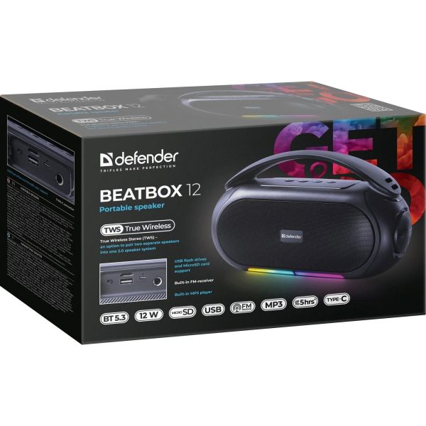Колонка DEFENDER BEATBOX 12 FM, MP3,microSD,USB,AUX мощность 12Вт, Black