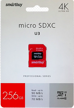 Flesh MicroSDXC - 256GB Class 10 Pro UHS-I U3 (70/90 Mb/s) + SD адаптер Smart Buy 