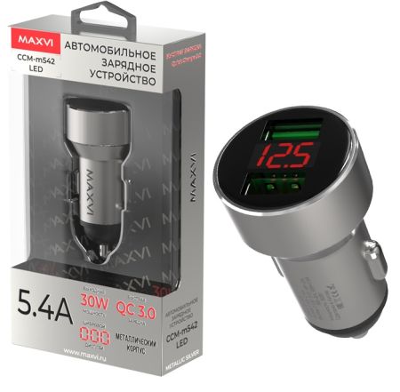 АЗУ блок 5.4A, 30W 2USB Maxvi CCM-M542 LED metallic silver